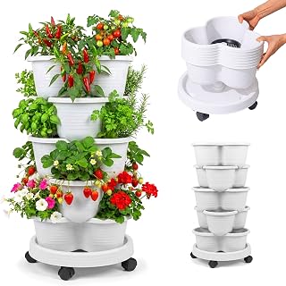 Relaxdays plantentoren, verticale tuin, stapelbaar, op wieltjes, HxD: 66x33 cm, aardbeientoren, 5 etages, PP, wit