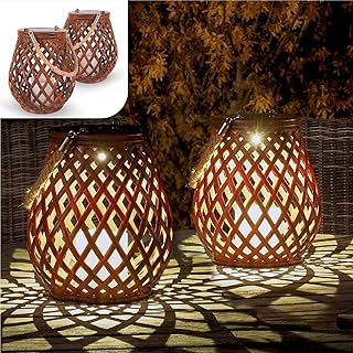 Gadgy Solar Tuinverlichting op Zonne-energie | Set van 2 | Rattan Uitstraling | Led Lantaarn met Dag/Nacht Sensor | Tafellamp voor Buiten