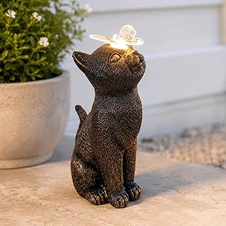 Garden Mile Hars kat standbeeld tuin ornamenten outdoor met zonne-vlinder duurzaam kitten kitty tuin dier standbeeld weerbestendige sculpturen voor tuin terras, vijver, beddengoed decor buiten zonne-verlichting