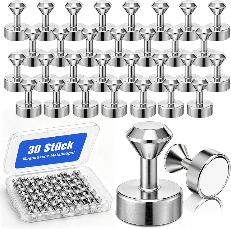 30 stuks sterke magneten, 12×16 mm neodymium extra sterke kegelvormige mini magneten met opbergdoos, geschikt voor magneetbord, koelkast, kantoorartikelen, schoolartikelen en keukendecoratie, zilver