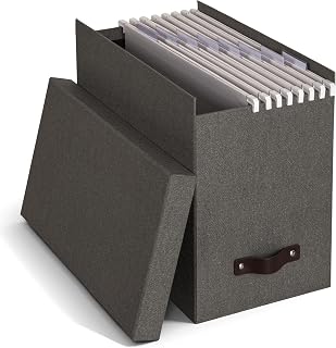 BIGSO BOX OF SWEDEN JOHAN hangmappenbox met deksel, stijlvolle archiefdoos inclusief 8 hangmappen, hangmappenbox van vezelplaat en papier in stijlvolle linnenlook, grijs