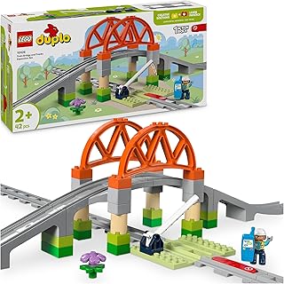 LEGO DUPLO Treinbrug en rails uitbreidingsset - Educatief Leerzaam Speelgoed voor Peuters vanaf 2 Jaar - Incl. 8 Railstukken, Brug, Slagboom en Actiesteen - Leuk Cadeau voor Jongens en Meisjes - 10427