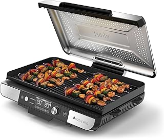 Ninja Sizzle Pro XL Indoor contact grill, met grillplaat en vlakke bovenplaat met keramische antiaanbaklaag, afneembaar deksel, vetopvangbak en receptenboekje, zilver/zwart GX101EU