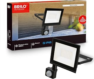 BRILONER - LED buitenlamp met bewegingssensor, neutraal wit licht, 30W 2700 lm, verstelbaar, IP65 stof- en waterdicht, LED schijnwerper voor tuin, terras en garage, 14 x 19 x 4 cm, Zwart
