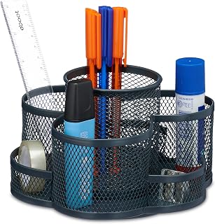 Relaxdays pennenbak draaibaar, 7 vakken, metaal, groot, H x B x D: 10,5 x 16 x 17 cm, pennen organizer bureau, antraciet