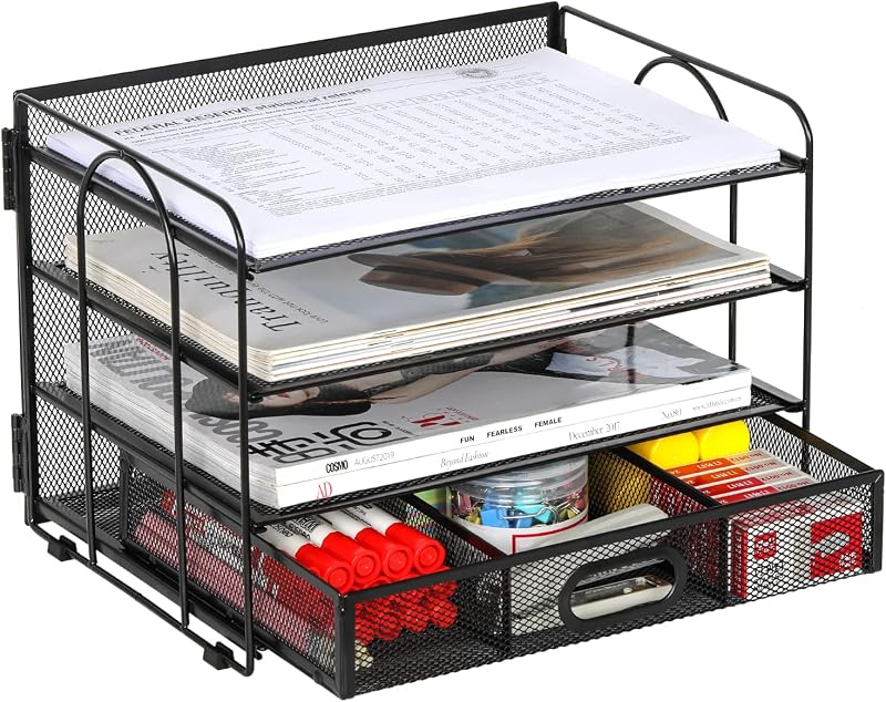 EasyPAG 4 vakken A4 metaal bureau bureauorganizer documenthouder archiefbak tijdschriftenhouder brievenbak papier magazine organizer met kantoorartikelen lade, zwart