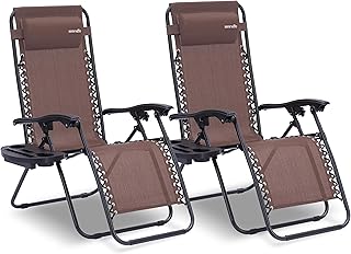 Serenelife Ligstoel, Set van 2 Ligstoelen - Verstelbare Tuinligstoelen met Zijtafel, Bekerhouders, Afneembare Kussens - Opvouwbare en Draagbare Loungestoelen voor Terras, Tuin, Strand - Bruin