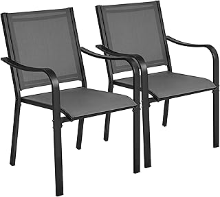 Yaheetech Set van 2 tuinstoelen, stapelbaar, eetkamerstoel, tuinstoel, weerbestendig, armleuningen voor tuin/terras/binnenplaats, tot 136 kg belastbaar, grijs