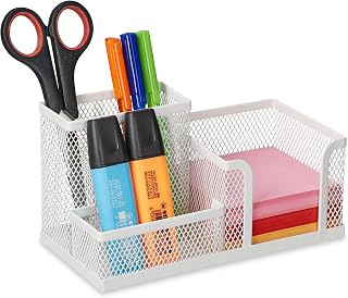 Relaxdays pennenbak, 3 vakken, mesh, modern, HBD:10 x 18,5 x 9,5 cm, voor pennen, notitiebriefjes, bureau organizer, wit