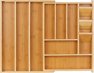 Relaxdays bestekbak, uitschuifbaar, 8-11 vakken, HxBxD: 5,5 x 32–54 x 42 cm, bamboe, mdf, keukenlade organizer, natuur