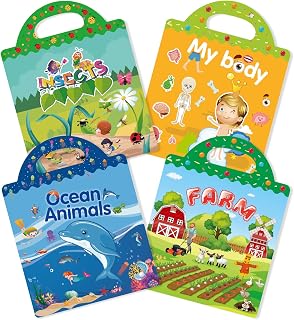GUYUCOM 4 Pack Herbruikbare Sticker Boeken, Speelgoed voor Leeftijd 2 3 4 Jaar Oude Kids Jongens Peuters, 3D Clear Ocean Boay Insect Farm Sticker Boek Educatief Leren Speelgoed Verjaardagscadeaus