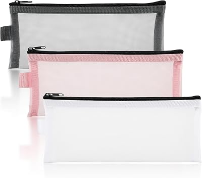 Sibba 3 stuks doorzichtige pennenkoker nylon netstof mesh grote capaciteit kantoorartikelen pennenetui pennenkokers meisjes etui pennen voor tieners kantoor grijs wit roze
