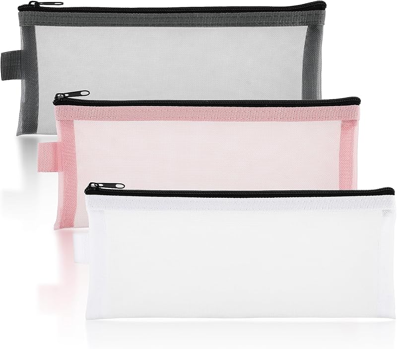 Sibba 3 stuks doorzichtige pennenkoker nylon netstof mesh grote capaciteit kantoorartikelen pennenetui pennenkokers meisjes etui pennen voor tieners kantoor grijs wit roze
