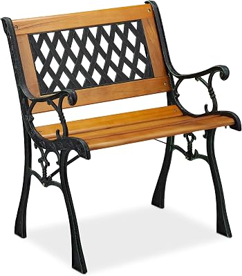 Relaxdays tuinstoel met armleuning, belastbaar, laag, vintage design, hout & gietijzer, 73x62x52.5 cm, naturel-zwart