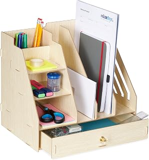 Relaxdays bureau organizer, 3 documentenhouders, 3 bakjes, 2 pennenbakken, 1 lade, kantoor & school, mdf, lichtbruin