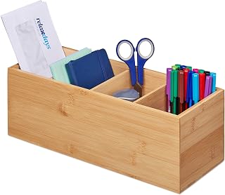 Relaxdays bureau organizer, 4 vakken, bamboe, HBD: ca. 12 x 35 x 14 cm, voor kantoor, badkamer, thuis, pennenbak, natuur