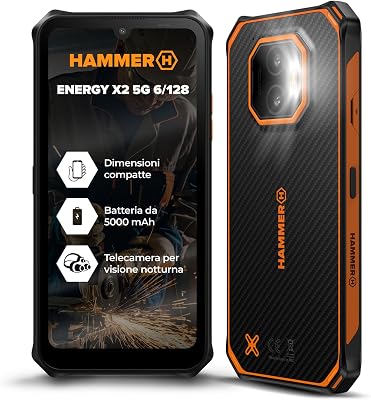 Hammer Energy X2 4G 6+6GB/128GB outdoor mobiele telefoon, bouwplaatsmobiele telefoon en robuuste smartphone, 6,1 inch display, IP69, 5000mAh accu, Dual SIM, eSIM, 2 jaar garantie - zwart-oranje