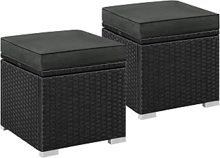 Yaheetech 2 stuks rotan kruk met afneembaar kussen en opbergruimte, weerbestendig zitkruk, tuinkruk, voetenbank, platte rotanlook voor buiten, tuin, terras, zwart en grijs
