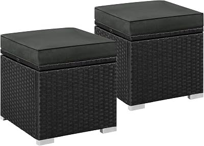 Yaheetech 2 stuks rotan kruk met afneembaar kussen en opbergruimte, weerbestendig zitkruk, tuinkruk, voetenbank, platte rotanlook voor buiten, tuin, terras, zwart en grijs
