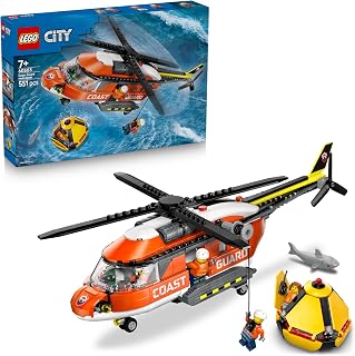LEGO City Coast Guard Helicopter Toy - Emergency Vehicle Model Kit w/Sliding Doors, Winch, 4 Minifigures & Shark Figure - Birthday Gift for 7+ Year Old Boys - 60503