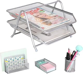 Exerz kantoorbak 4-delige/Lade-organizers - 2-laags brievenbak/archief/papierlade, brievenrek, pennenpot, clips en memoblokhouder (Zilver)
