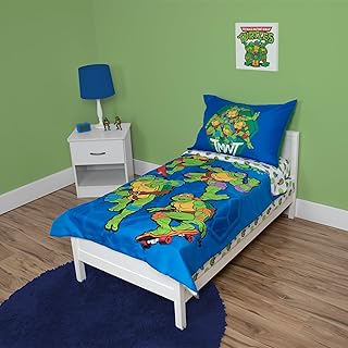 TEENAGE MUTANT NINJA Turtles 4-delige peuterbeddengoedset, inclusief dekbed, lakenset, hoeslaken + bovenlaken + omkeerbare kussensloop voor jongensbed, blauw