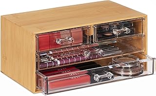 Relaxdays make-up organizer, bamboe, 4 lades, HxBxD: 11 x 23,5 x 15 cm, voor cosmetica & sieraden, naturel/transparant