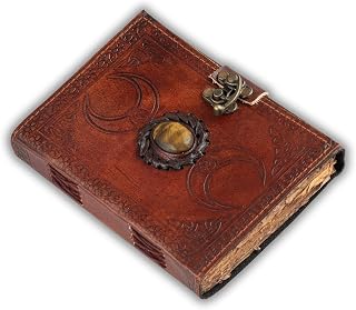 STAGLIFE Urban Leather boek - 3 maan, donkerbruin, tijgeroog, notitieboek, leer dagboek, bezet met edelsteen, handgemaakt, vintage notitieboek, schrijforganizer, ongevoerd