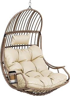 YITAHOME Hangende eierschommelstoel, max. belastbaar, 150 kg, rotan eierstoel, binnen en buiten, hangmat, eierstoel met kussens en bekerhouder voor terras, slaapkamer, tuin en balkon, beige