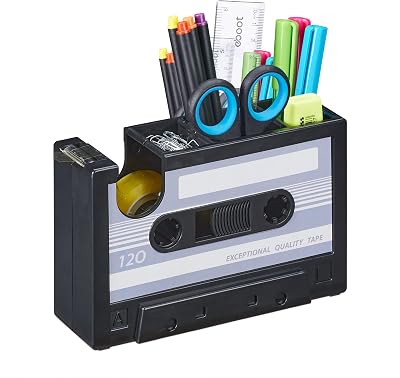 Relaxdays pennenbak cassette, met 3 houders, retro design, bureau organizer, kantoorartikel voor thuis, grijs/zwart