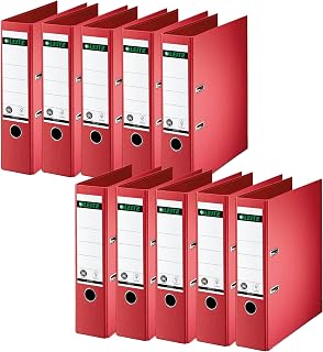 Leitz Kwaliteitsordner 180°, pak van 10, A4, 8 cm rugbreedte, speciaal papier in linnenreliëf, blauwe engel, rood, 10070025