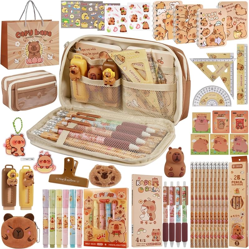 Realjoy set van 49 stuks Capybara kantoorartikelen, Capybara pennenzak met notitieboek, gelpen, liniaal, stickers, plaknotities enz., voor school, kantoor, kinderen en studenten, cadeau voor het begin