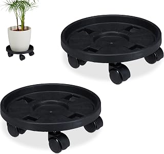 Relaxdays plantentrolley op wieltjes, set van 2, Ø 30 cm, lage plantenroller kunststof, binnen & buiten, klein, zwart