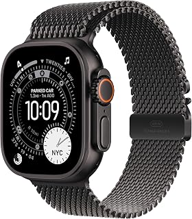 Apple Watch Ultra 3 GPS + Cellular 49 mm Premium hardloop- en multisport-smartwatch met robuuste kast van zwart titanium, Milanees bandje van zwart titanium (L)