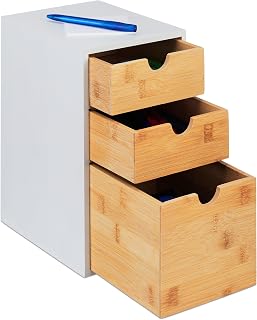 Relaxdays ladeblok, bamboe & MDF, HxBxD: 28 x 17 x 21,5 cm, bureau organizer met 3 lades, make-up, badkamer, natuur/wit