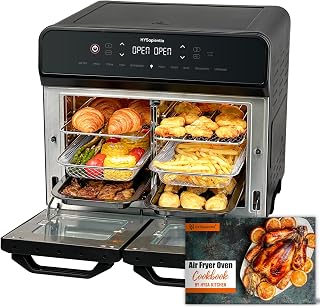 HYSapientia 22 liter oven, heteluchtfriteuse, dubbele mand, heteluchtfriteuse, 2400 W, 2 roestvrijstalen manden, 10 functies, dubbele temperatuur, verdeeld in twee spanbereiken, draaispies