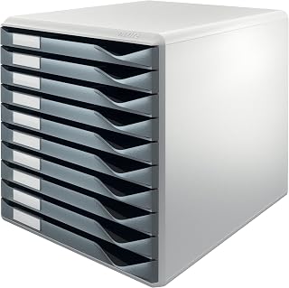 Leitz Ladenblok, 10 Laden, Uniek Sluitend Ladesysteem met Ladestops, Inclusief Labelhouder en Label, Anti-slip, Rubberen Voetjes, Stapelbaar, 29 x 28,5 x 35,5 Centimeter, Donkergrijs, 52810089