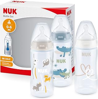 NUK 10225266 First Choice+ babyfles in set, 0-6 maanden, temperatuurcontroleweergave, 300 ml, anti-kolic-ventiel, BPA-vrij, drinkzuiger van siliconen, 3 Stuks (1 pak),blauw (gemengd)