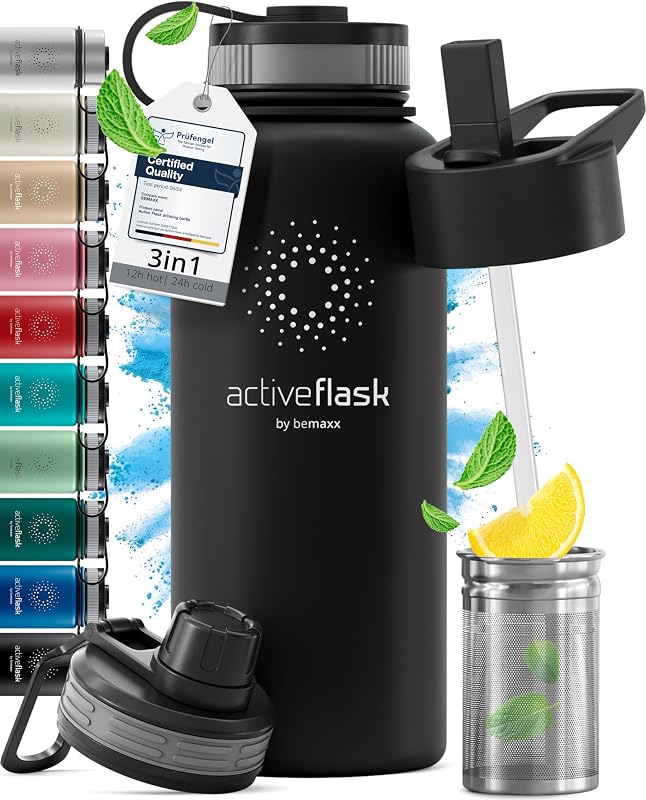 Drinkfles RVS Thermosfles ACTIVE FLASK + Strohalm (3 Drinkdoppen), BPA-Vrij + Lekvrij | 1 Liter/500 ml Isoleerfles, Vacuüm Waterfles Sport Fitness Fietsen Water Fles Kinderen Waterbidon Sportbidon