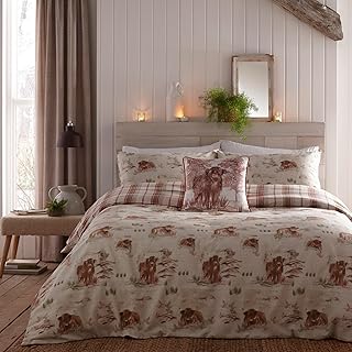 Dreams & Drapes - Dekbedovertrek Highland Cow - Tweepersoons beddengoed (200 x 200 cm) - Zacht 100% geborsteld katoen - Rood geruit beddengoed met koeien