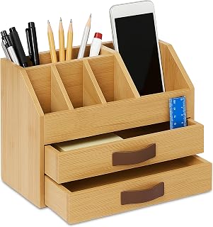 Relaxdays bureau organizer met lades en vakken, bamboe en kunstleer, 19x24x14 cm, natuur-bruin
