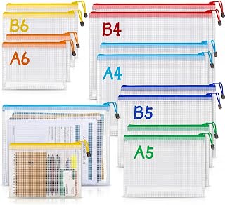 Koogel 12 stuks documententasjes met ritssluiting, 6 maten & 6 kleuren, waterdichte mesh documentenmap voor factuur, dossier, cosmetica, kantoorartikelen, huiswerk, school & reizen