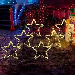 SALCAR 5 m kerstverlichting voor buiten, 6 stuks led-sterren, kerstdecoratie voor tuin, buitenverlichting, staafverlichting met grondpen, zwarte sterren, warmwit