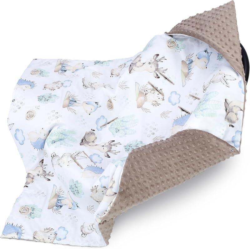 Inbakerdeken voor autostoel en kinderwagen – zachte Minky babydeken dubbelzijdig met capuchon voor pasgeborenen – Hele jaar bruikbaar onderweg en thuis 90×90 cm Egel kaki Oeko-Tex