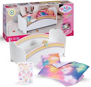 BABY born regenboogbed - poppenbed met regenbooglicht & rustgevende slaapmelodie - hoogwaardige poppenaccessoires incl. omkeerbaar beddengoed & stickers - geschikt voor kinderen vanaf 3 jaar