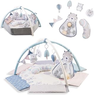 MoMi PASTEL Speelboog met kruipmat, 3-in-1 voor baby's vanaf de geboorte, sensorische activiteitsmat met 2 boogen, ballenbad, 5 speelgoed, 30 ballen met tas, kruipkussen