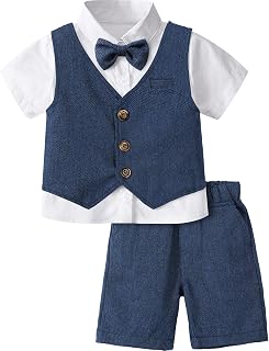 mintgreen Baby Jongen 3st Gentleman Pak, Visgraat Bruiloft Doop Outfit Shirt & Vest & Korte Broek, 1-6 Jaar