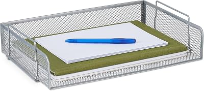 Relaxdays brievenbak metaal, stapelbaar, liggende documentenbak, mesh, HxBxD: 8,5 x 36 x 25 cm, voor A4-formaat, zilver