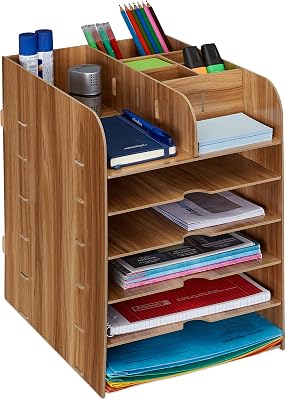 Relaxdays bureau organizer met 12 vakken, voor brieven, pennen etc., H x B x D: 34,5 x 25 x 32 cm, mdf, donkerbruin