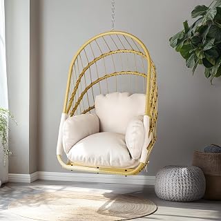 YITAHOME Hangstoel zonder frame, rotan schommelstoel met wasbaar kussen, 160 kg draagkracht, inklapbare hangstoel voor terras, tuin, slaapkamer en balkon, beige